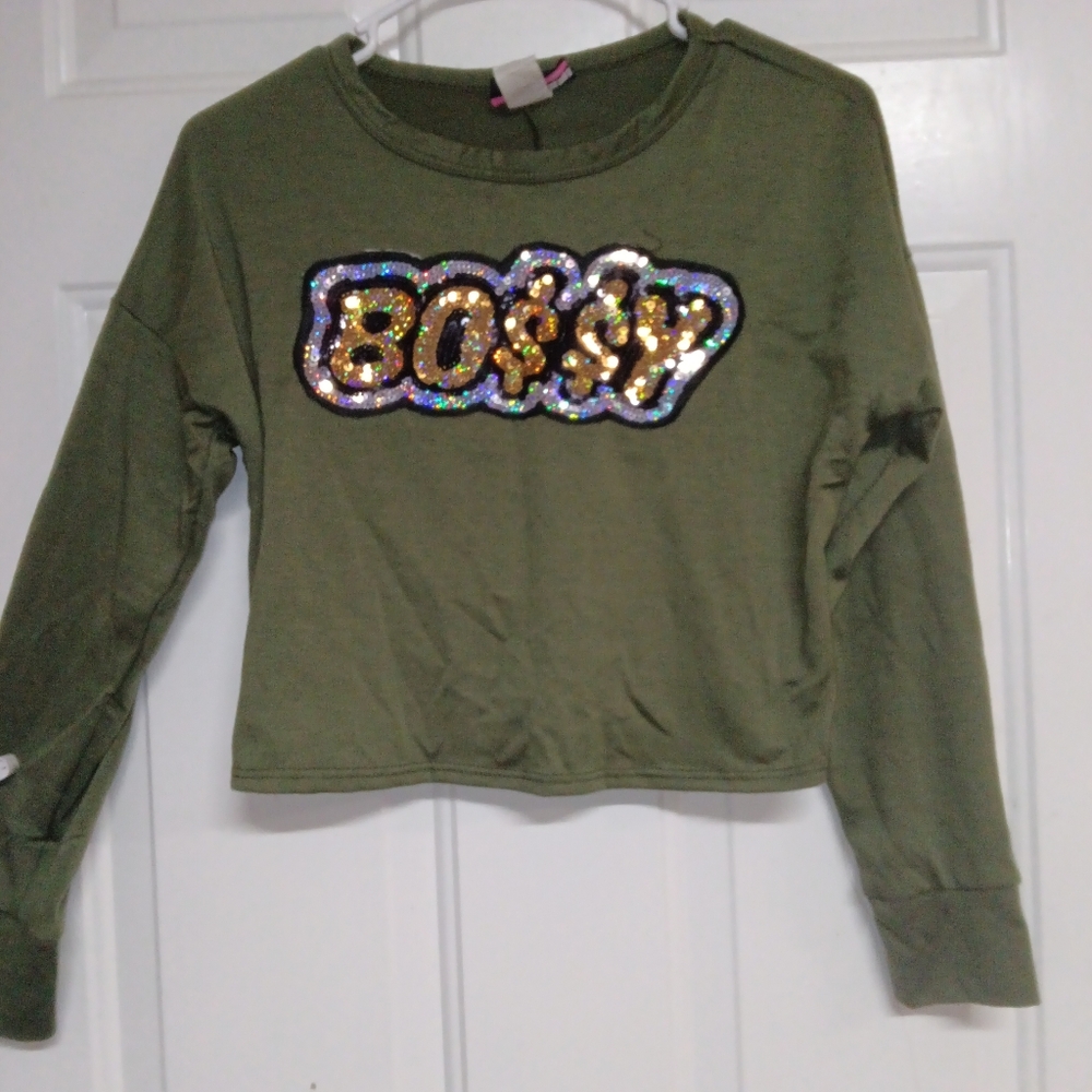 🦄 Discreet Olive Green Sequin Long Sleeve Tee Size M